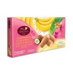 Sriwanna Coconut Crispy Rolls filled with banana cream, a delicious snack confectionery in an 80g package.