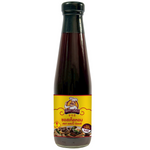 Happy Choice Shitake Mushroom Sauce in a bottle, no MSG, ideal for Asian dishes and stir-fries.