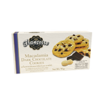 Francoise Macadamia Dark Chocolate Cookies, confectionery snacks with chunks of dark chocolate and macadamia nuts on a white background.