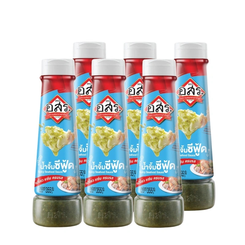 Aor Sor Ror seafood dipping sauce in 355g bottles, made with fresh Jinda chilies, showcasing spicy and bold flavor.