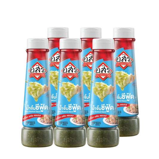 Aor Sor Ror seafood dipping sauce in 355g bottles, made with fresh Jinda chilies, showcasing spicy and bold flavor.