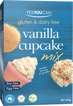 Yes You Can Vanilla Cupcake Mix for healthy baking, showing a box of the product with vanilla cupcakes and ingredients.