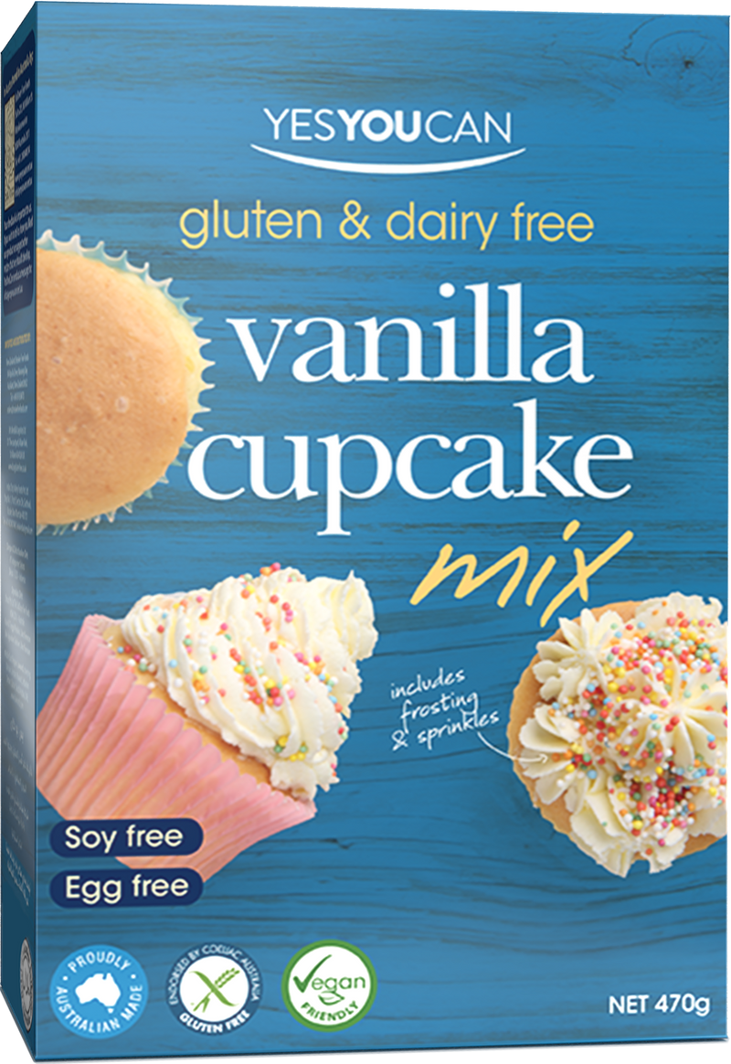 Yes You Can Vanilla Cupcake Mix for healthy baking, showing a box of the product with vanilla cupcakes and ingredients.