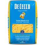 De Cecco Penne Rigate #41 pasta in a grocery store, showing the uncooked pasta with ridged, tube-shaped design.