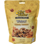 Nut Walker Honey Sesame Walnuts confectionery snacks with glazed walnuts coated in honey and sesame seeds in a clear bowl.