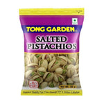 Tong Garden salted pistachio nuts in a clear bowl, showcasing their roasted, salted appearance as a tasty confectionery snack.