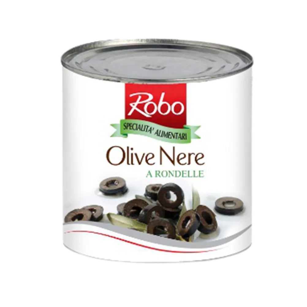 ROBO Black Olive Slices in a 2.4kg container, showing shiny black olives sliced and ready for culinary use