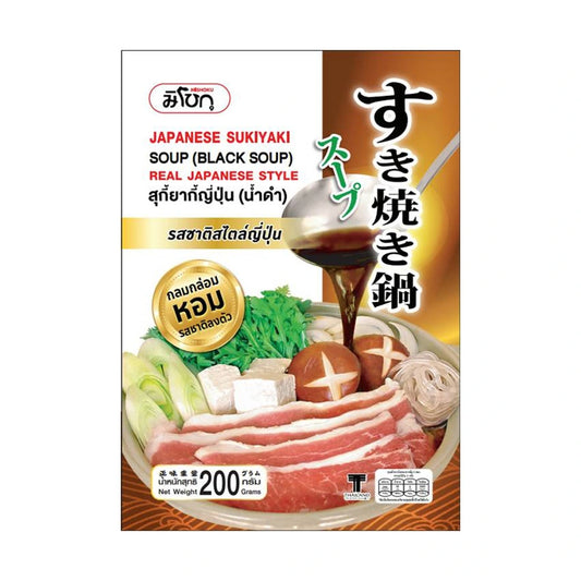 MISHOKU Japanese Sukiyaki Soup 200g package with broth and ingredients for traditional Japanese hot pot dish.