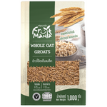 Fruitmania Whole Oat Groats in a clear package, showing light brown, whole oat grains suitable for healthy breakfast or cooking.