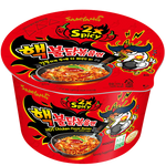 Samyang Extreme Hot Chicken Big Bowl, spicy Korean instant noodles in a large bowl, with red chili sauce and noodles visible.