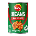 SPC Baked Beans in a can, dry grocery product with beans visible inside, ideal for cooking and meal preparation.