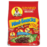 Sunmaid Raisins Mini Snacks, natural dried fruit confectionery snacks in a clear package, showcasing the raisins.