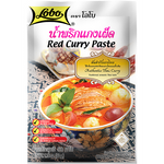 Lobo Red Curry Paste jar from the grocery section, featuring a label with red and white design and the Lobo brand name.