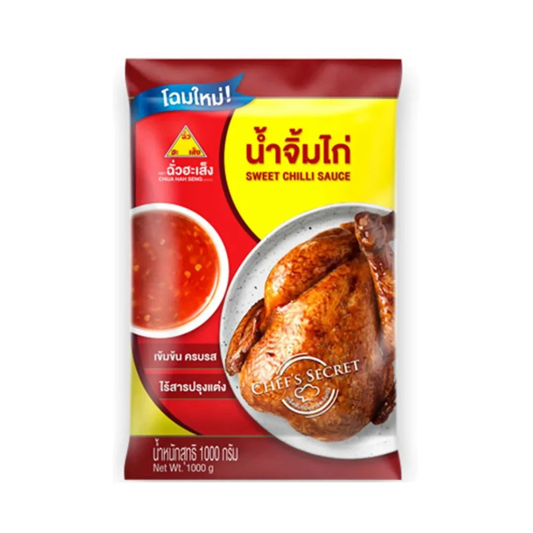 Chua Hah Seng Sweet Chilli Sauce 1,000g bottle with red and yellow label, showing the sauce inside