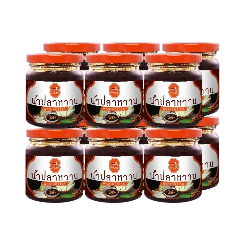 J-LEK pasteurized sweet fish sauce in glass bottles, 215g each, shown in a pack of 12, ideal for Asian cooking and flavoring.