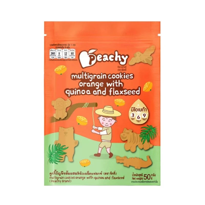 PEACHY Orange Grain Cookies with Quinoa and Flaxseed in a single bag, featuring a close-up of the crunchy, golden cookies.