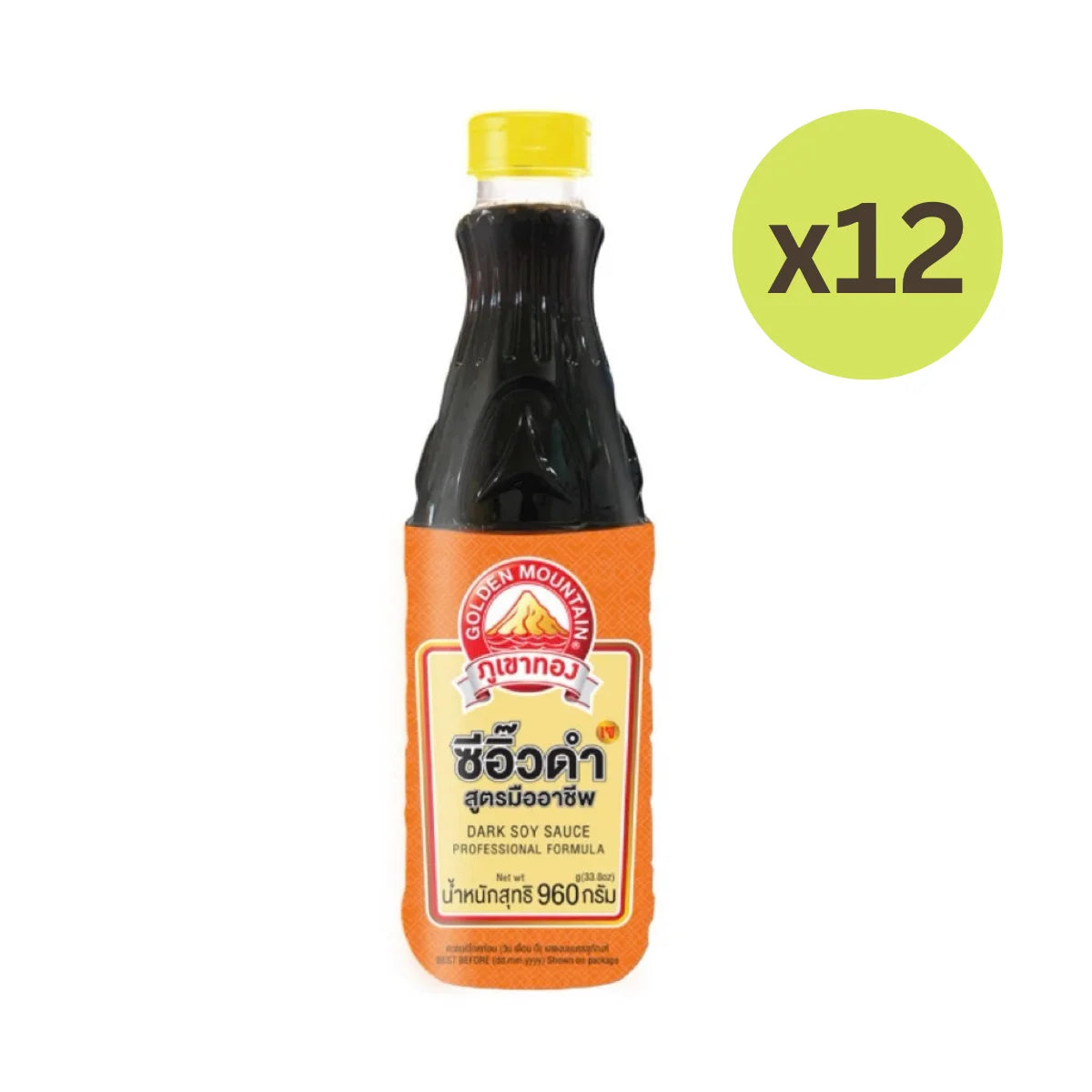 A bottle of Golden Mountain Dark Soy Sauce with an orange label and yellow cap, shown on a white background with a green circular 'x12' badge in the top right.